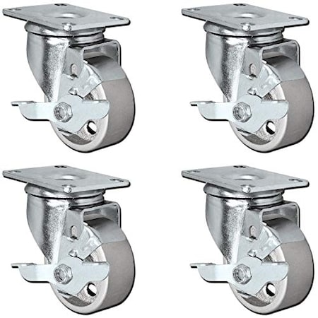 All Steel Swivel Plate Caster Wheels W/ Brakes Locking, PK4